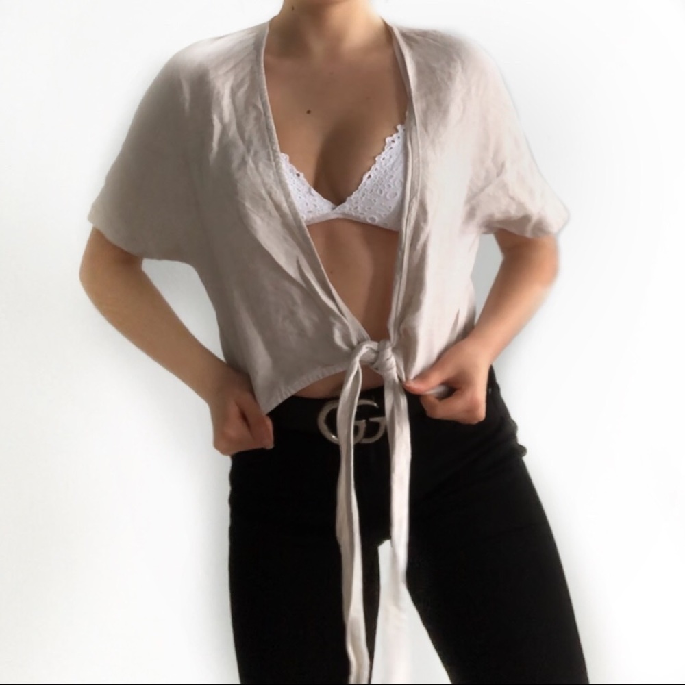 Tan Cropped Front Knot Shirt